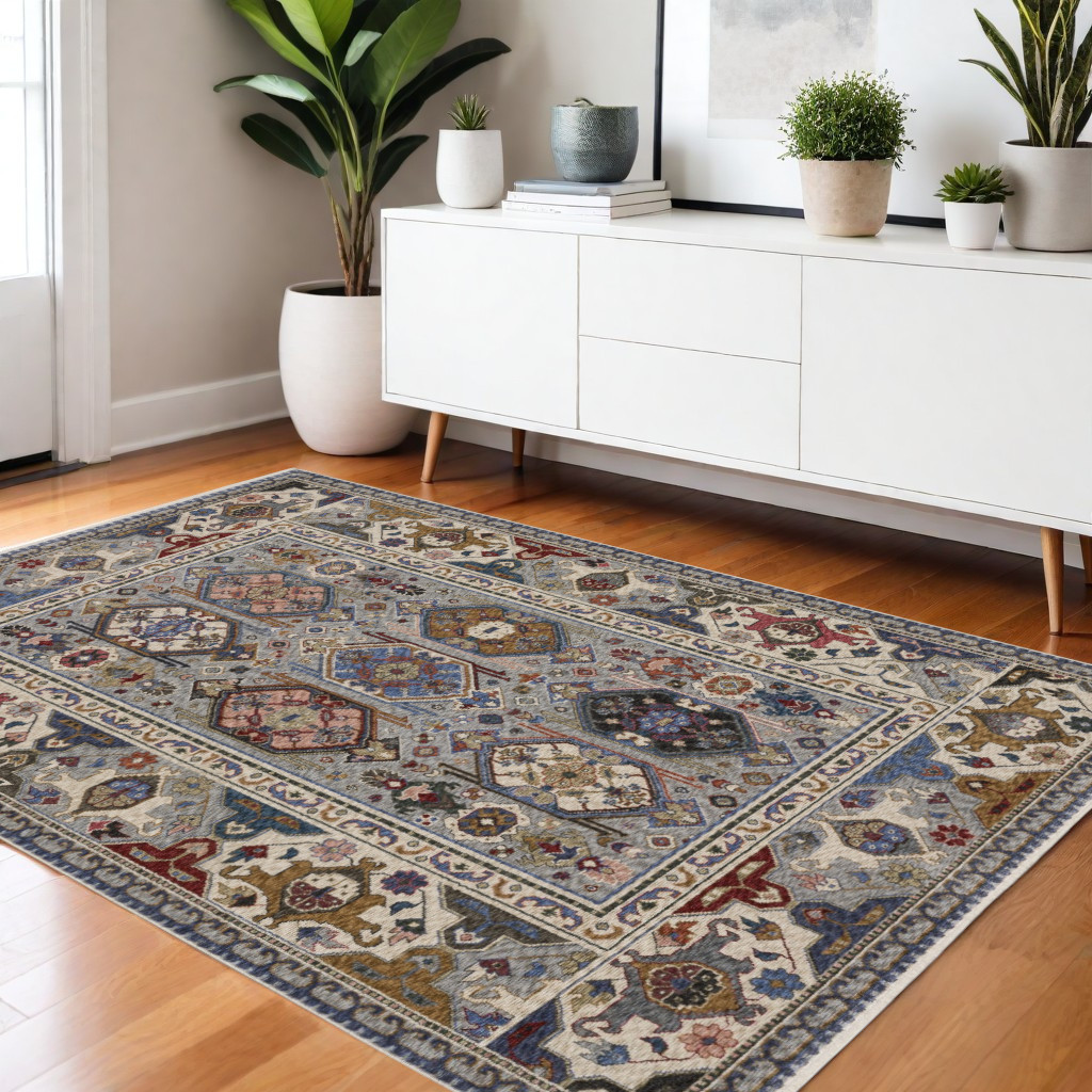 4' X 6' Blue And Gray Oriental Area Rug With Fringe-574937-1