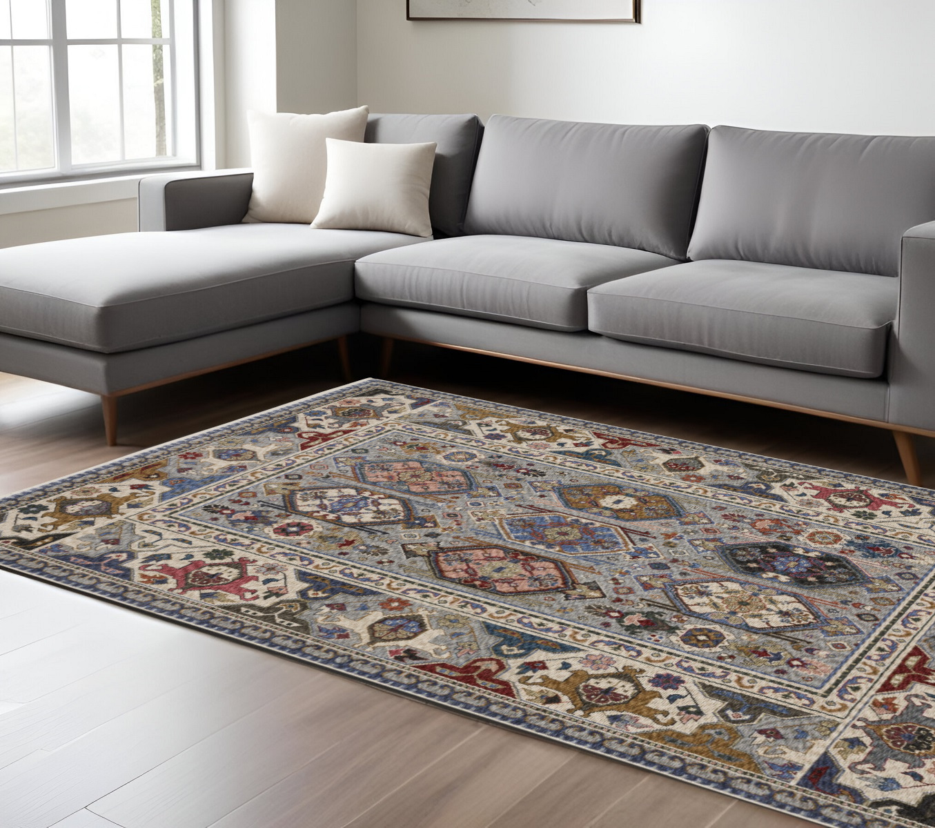 8' X 11' Blue And Gray Oriental Area Rug With Fringe-574939-1