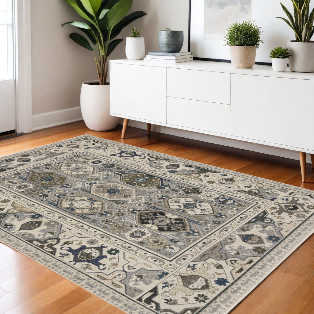 4' X 6' Ivory And Blue Oriental Area Rug With Fringe-574941-1