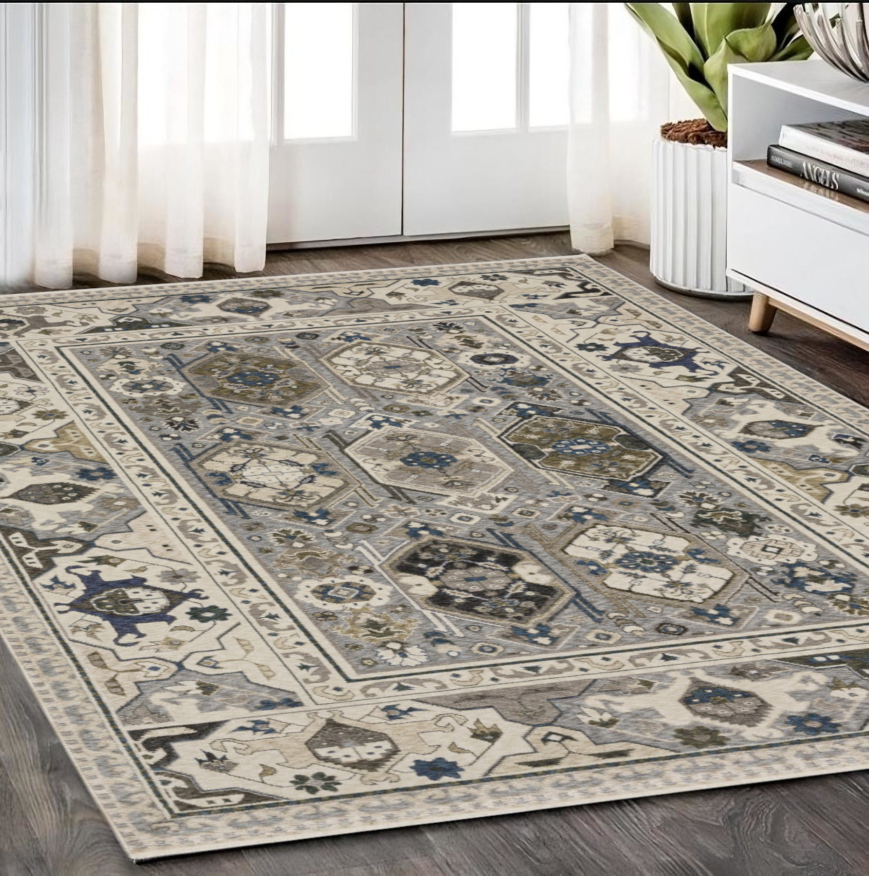 5' X 8' Ivory And Blue Oriental Area Rug With Fringe-574942-1
