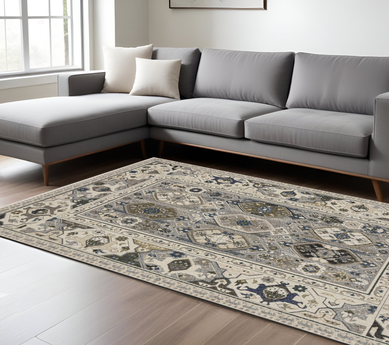 8' X 11' Ivory And Blue Oriental Area Rug With Fringe-574944-1
