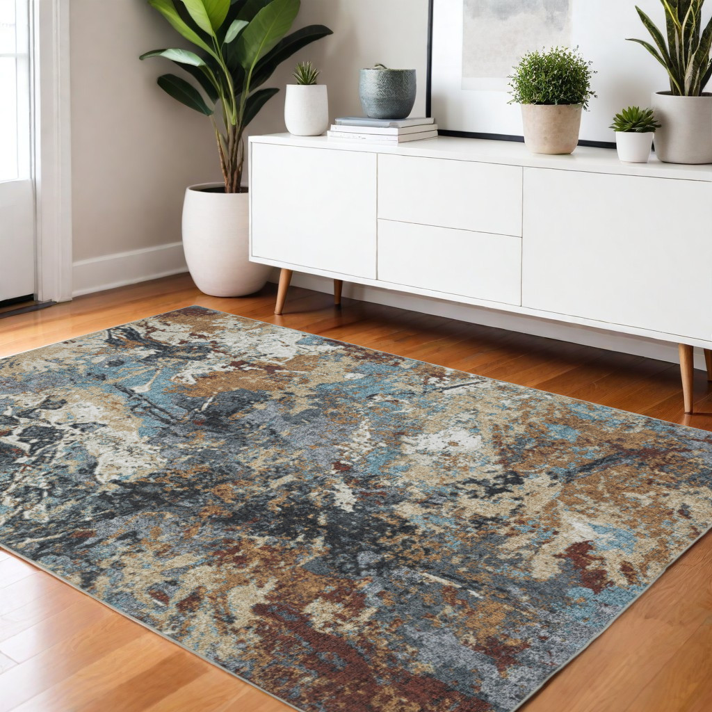 4' X 6' Blue And Rust Abstract Distressed Area Rug-574988-1