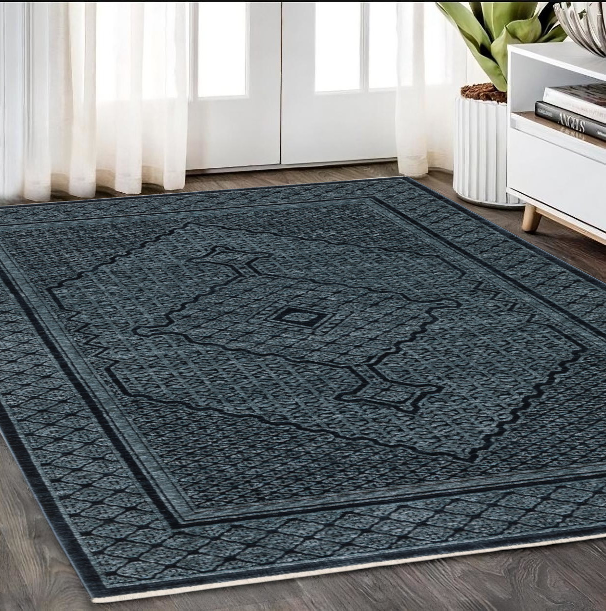 5' X 8' Blue And Teal Medallion Area Rug With Fringe-574993-1