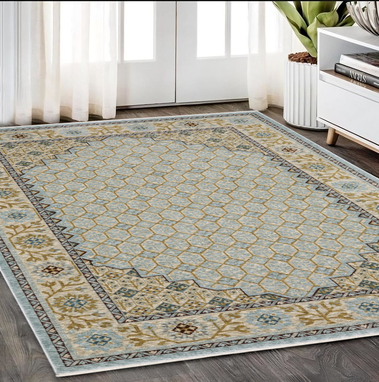 5' X 8' Gold Oriental Area Rug With Fringe-574997-1