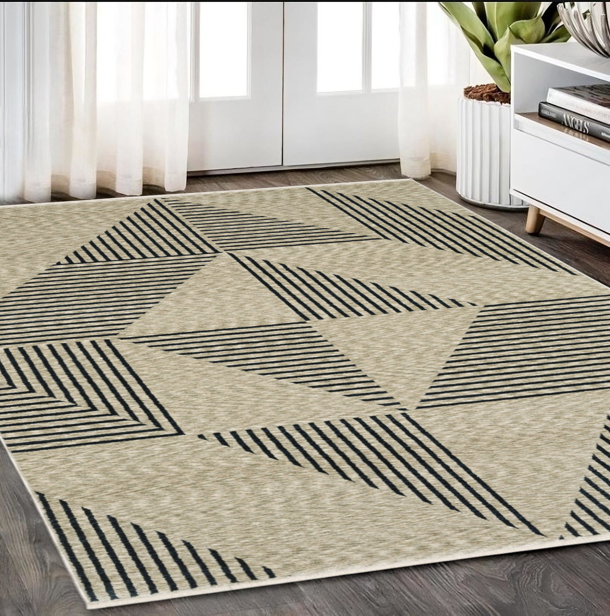 5' X 8' Beige Geometric Area Rug With Fringe-575005-1