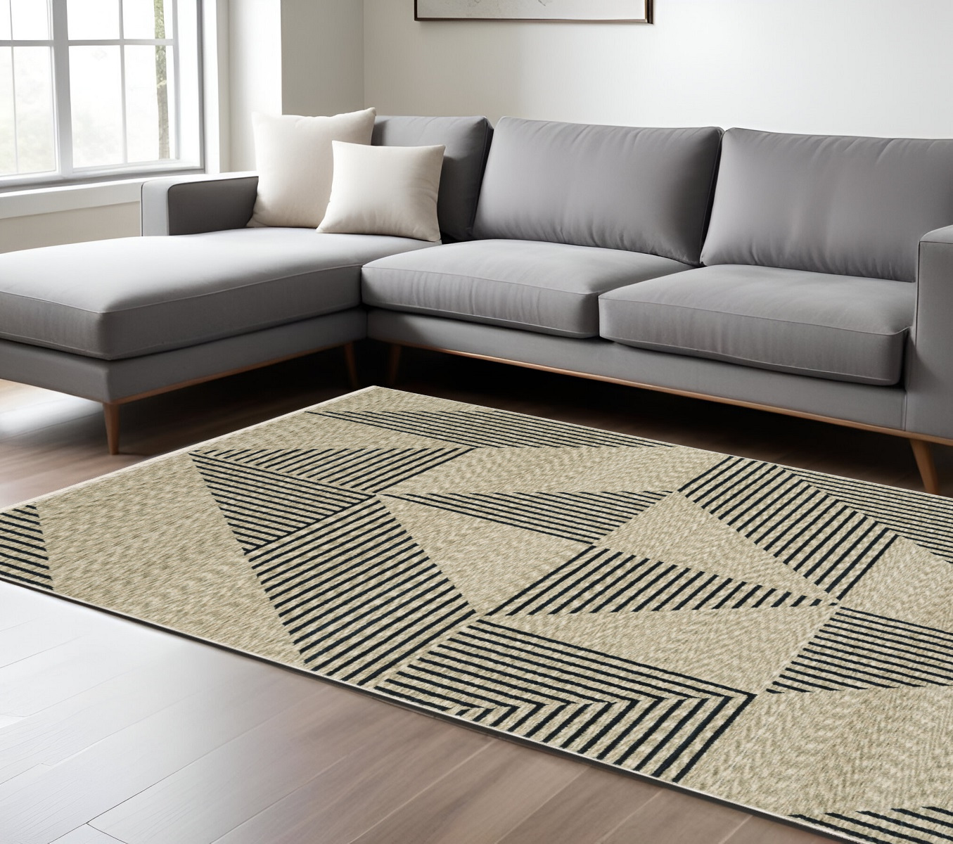 8' X 11' Beige Geometric Area Rug With Fringe-575008-1