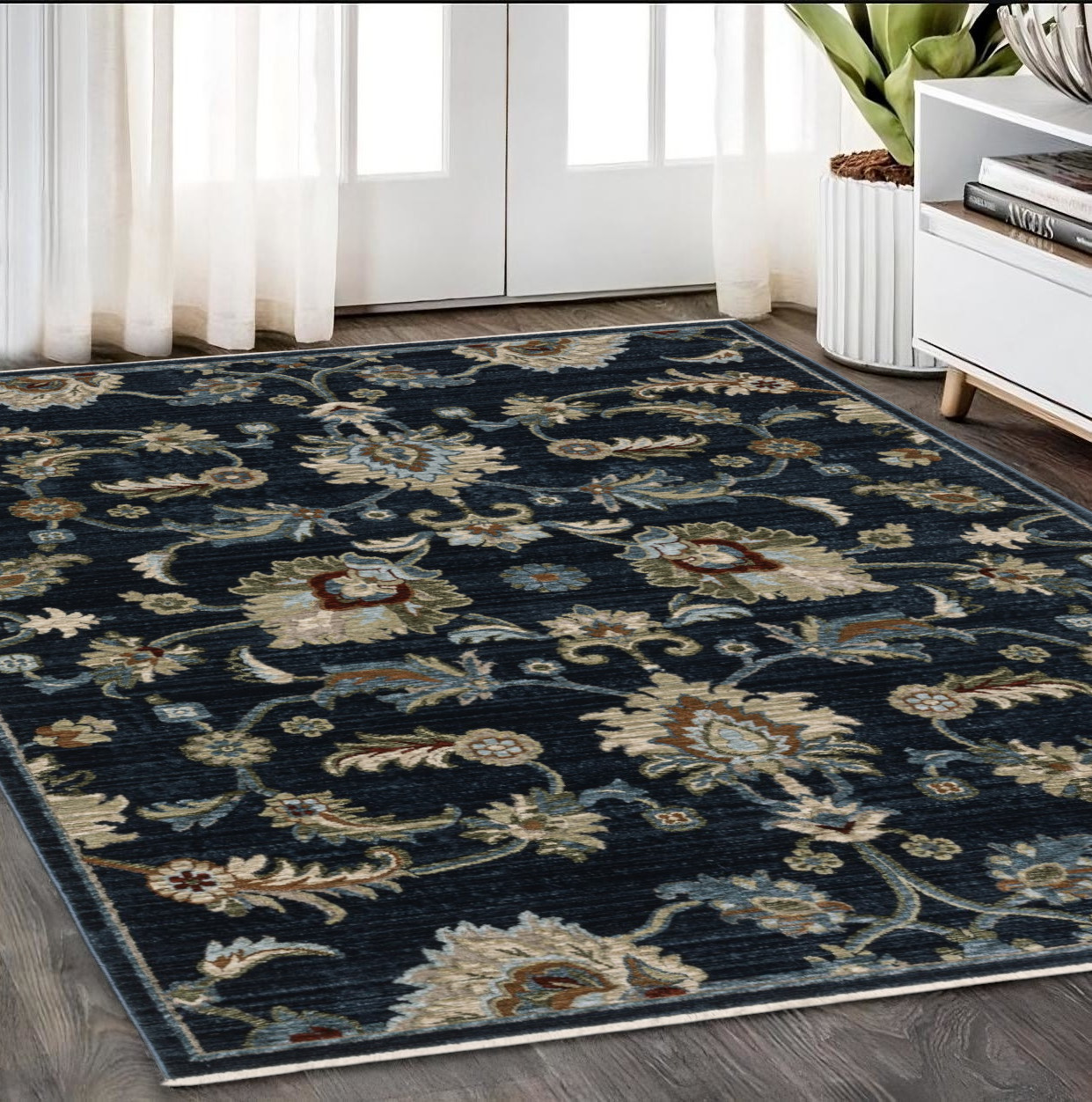 5' X 8' Dark Blue Tan And Green Oriental Area Rug With Fringe-575009-1