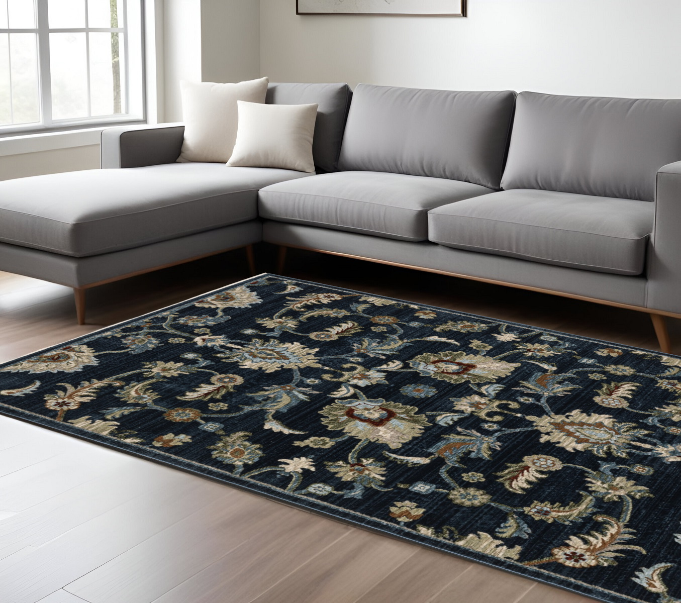 8' X 11' Dark Blue Tan And Green Oriental Area Rug With Fringe-575012-1