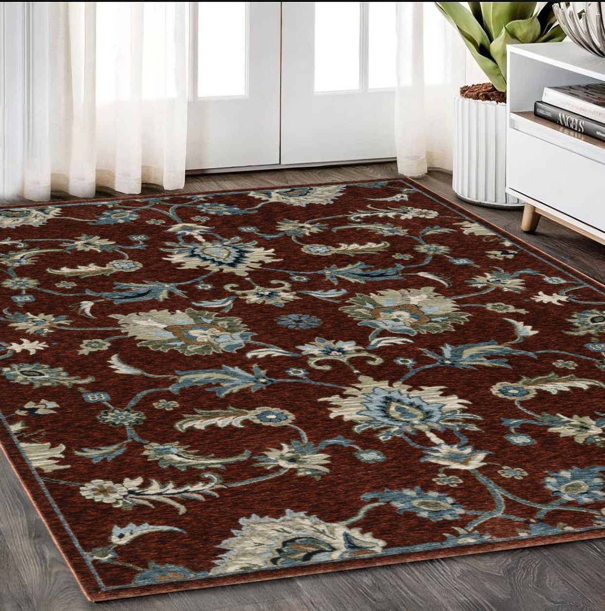 5' X 8' Red Ivory And Teal Oriental Area Rug With Fringe-575014-1