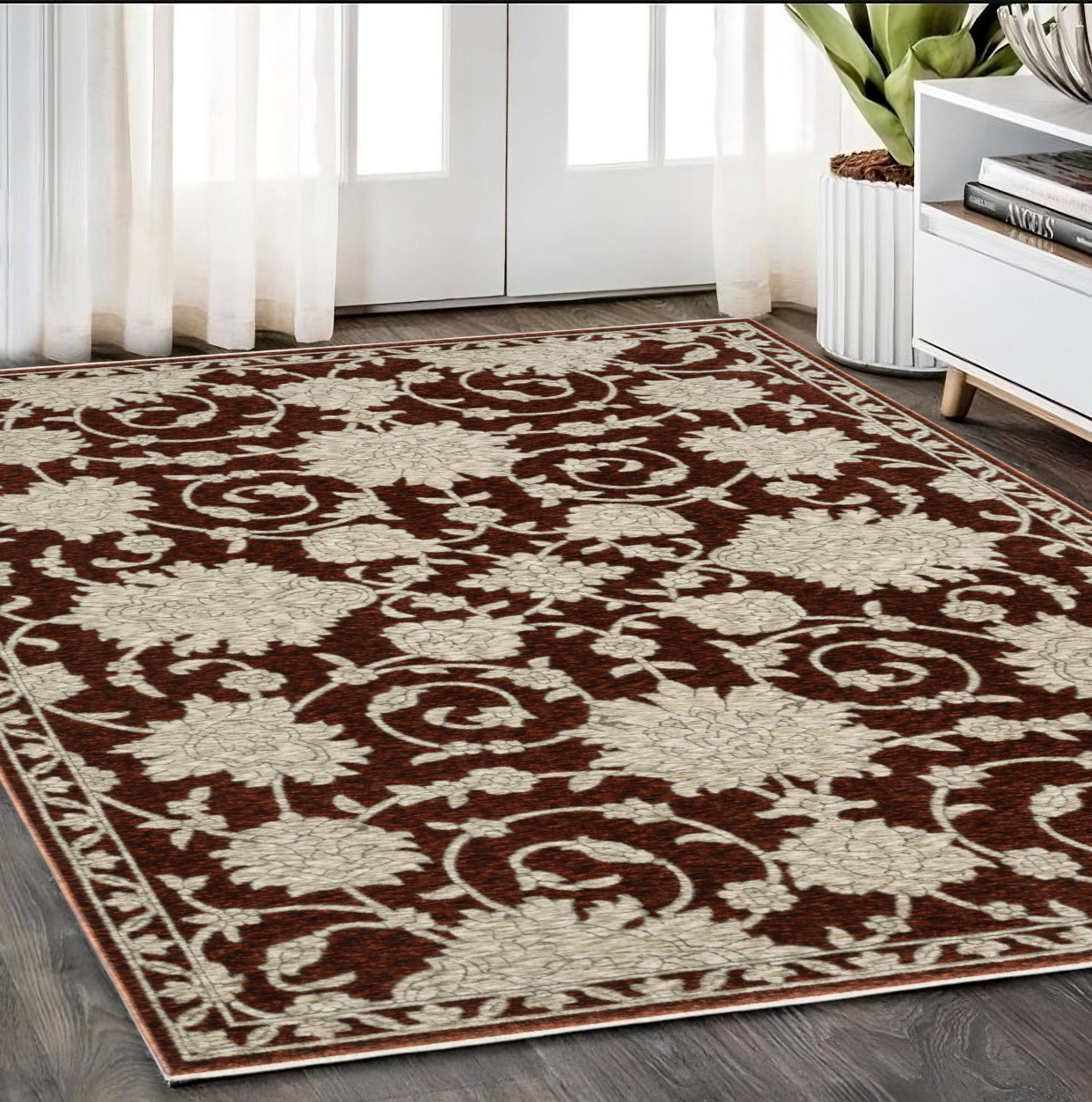 5' X 8' Beige Floral Area Rug With Fringe-575022-1