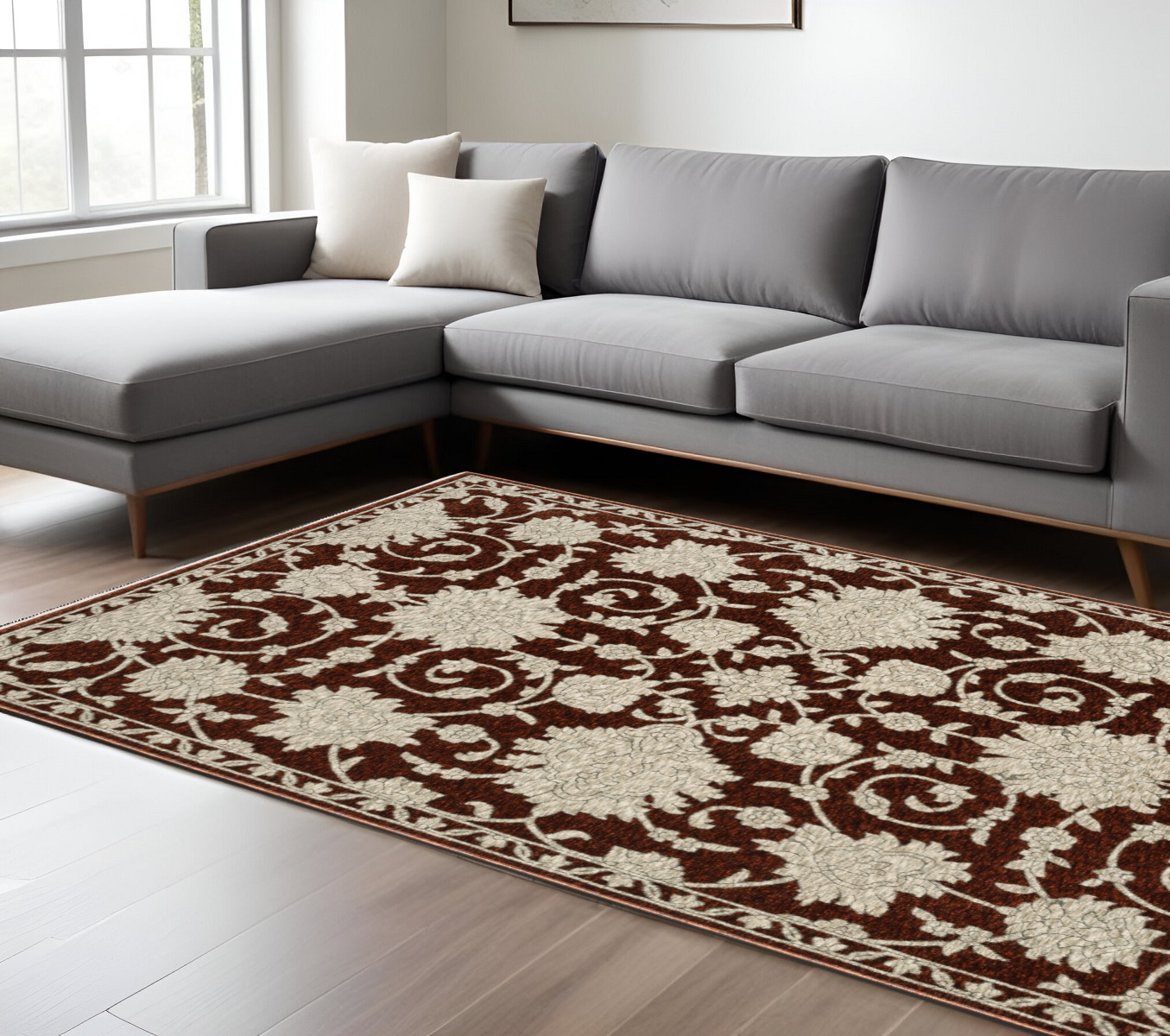 8' X 11' Beige Floral Area Rug With Fringe-575024-1