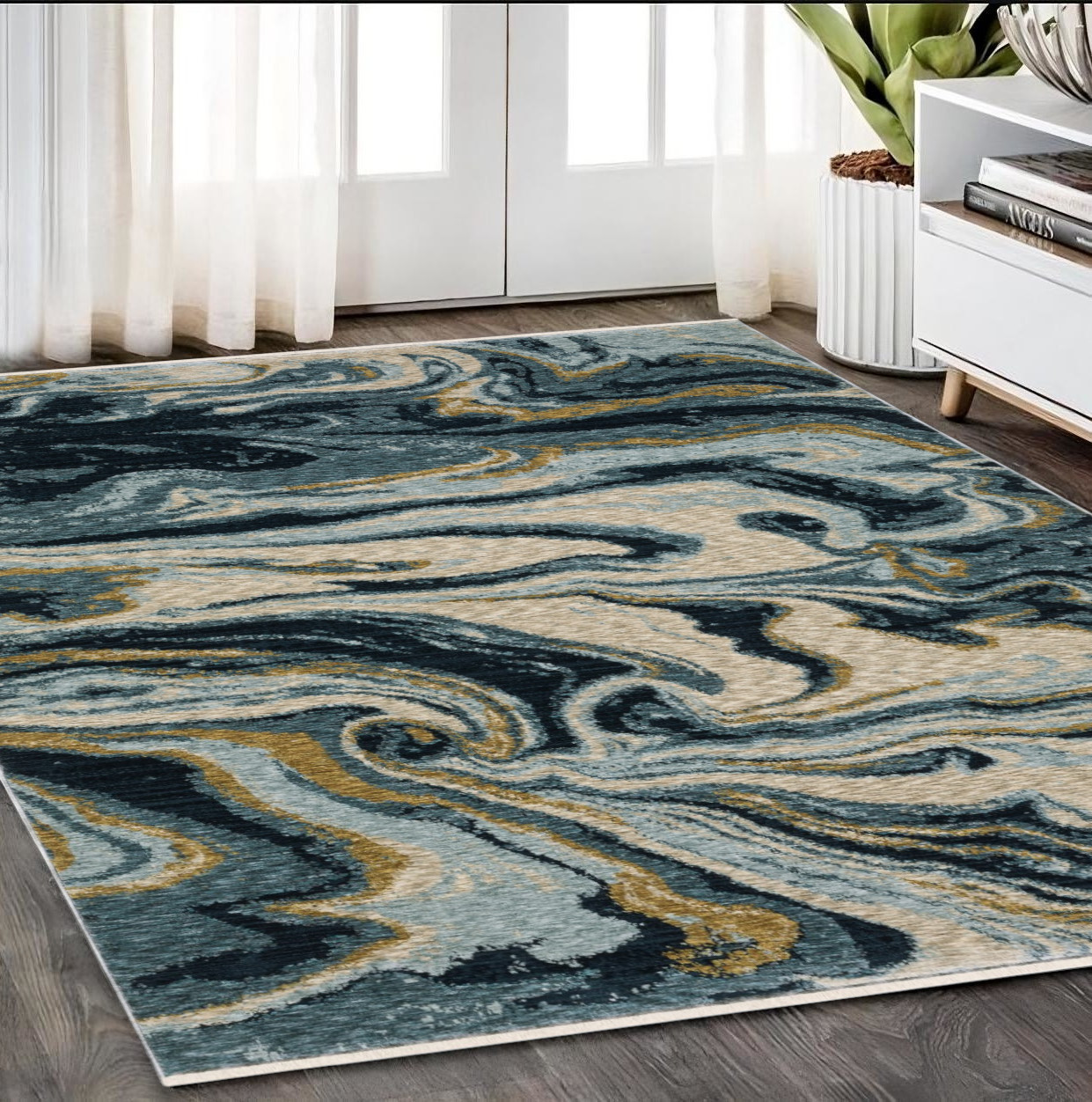 5' X 8' Navy Blue And Teal Abstract Area Rug With Fringe-575025-1