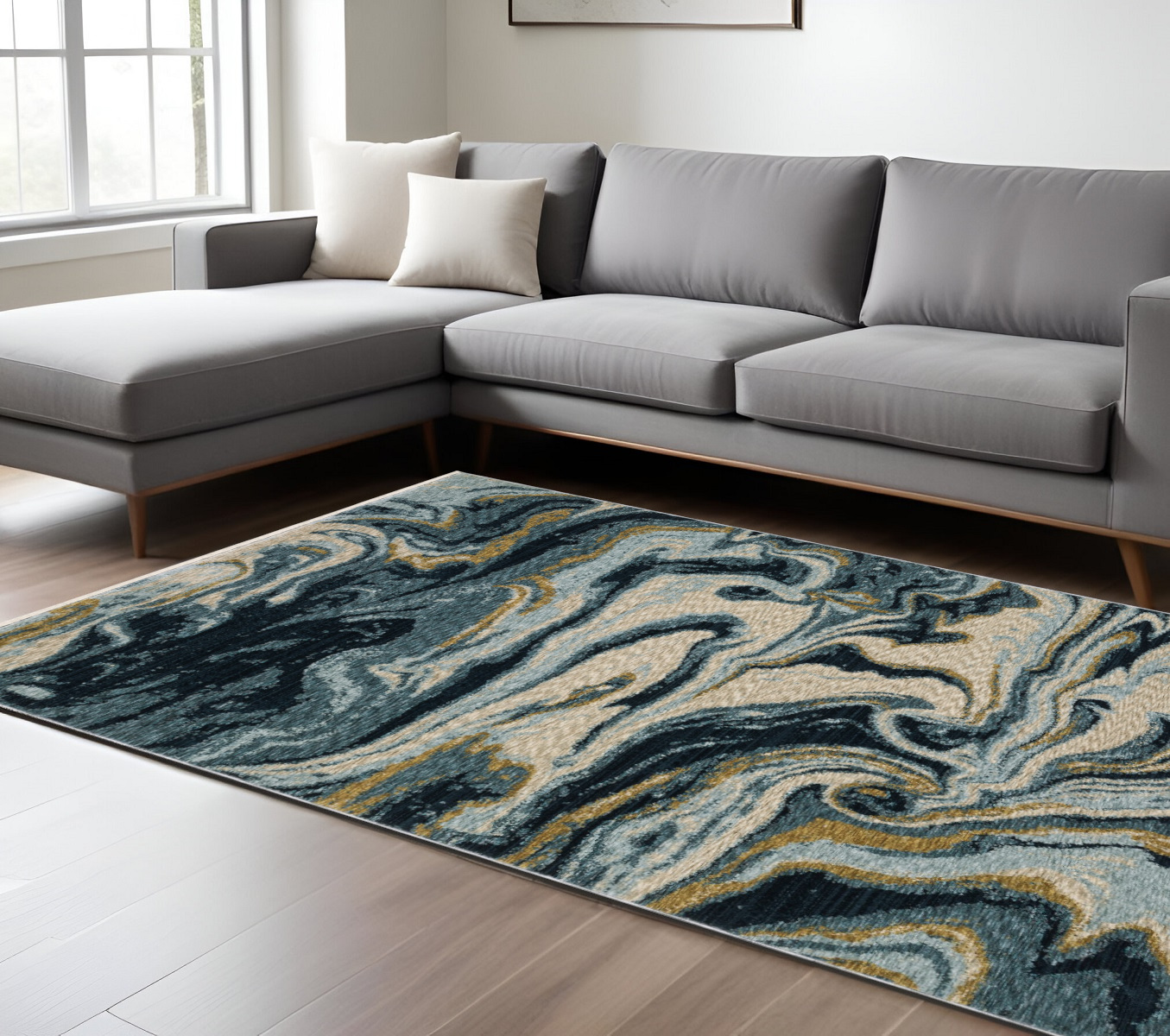7' X 10' Navy Blue And Teal Abstract Area Rug With Fringe-575027-1