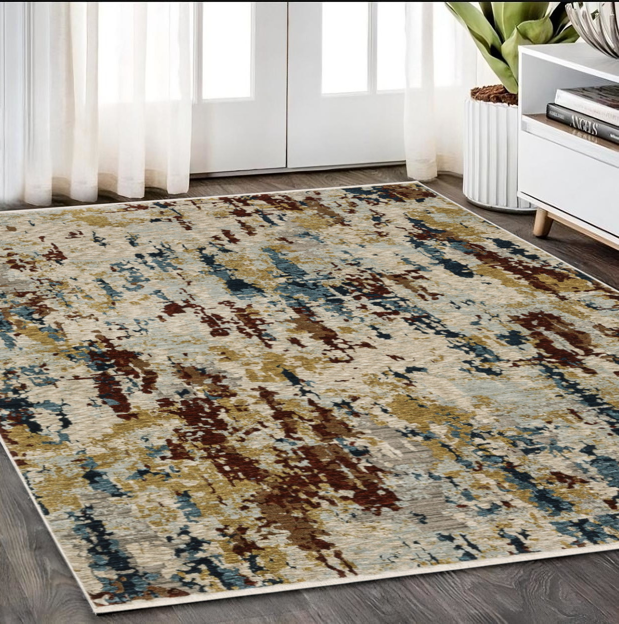 5' X 8' Beige Rust And Light Blue Abstract Distressed Area Rug With Fringe-575029-1