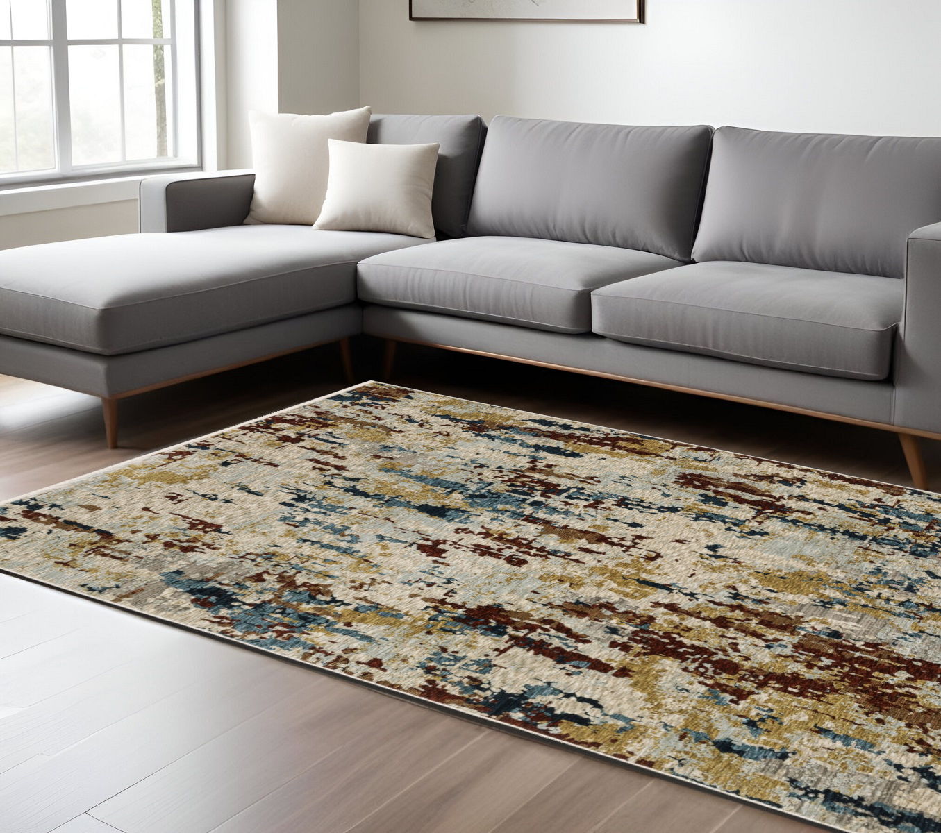 8' X 11' Beige Rust And Light Blue Abstract Distressed Area Rug With Fringe-575032-1