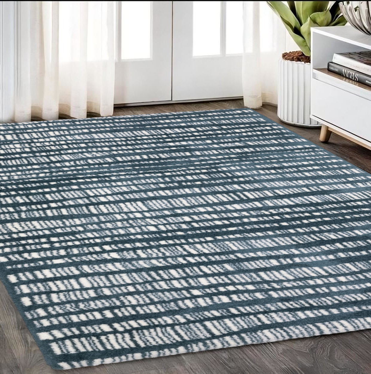 5' X 8' Teal And Ivory Striped Distressed Area Rug-575033-1