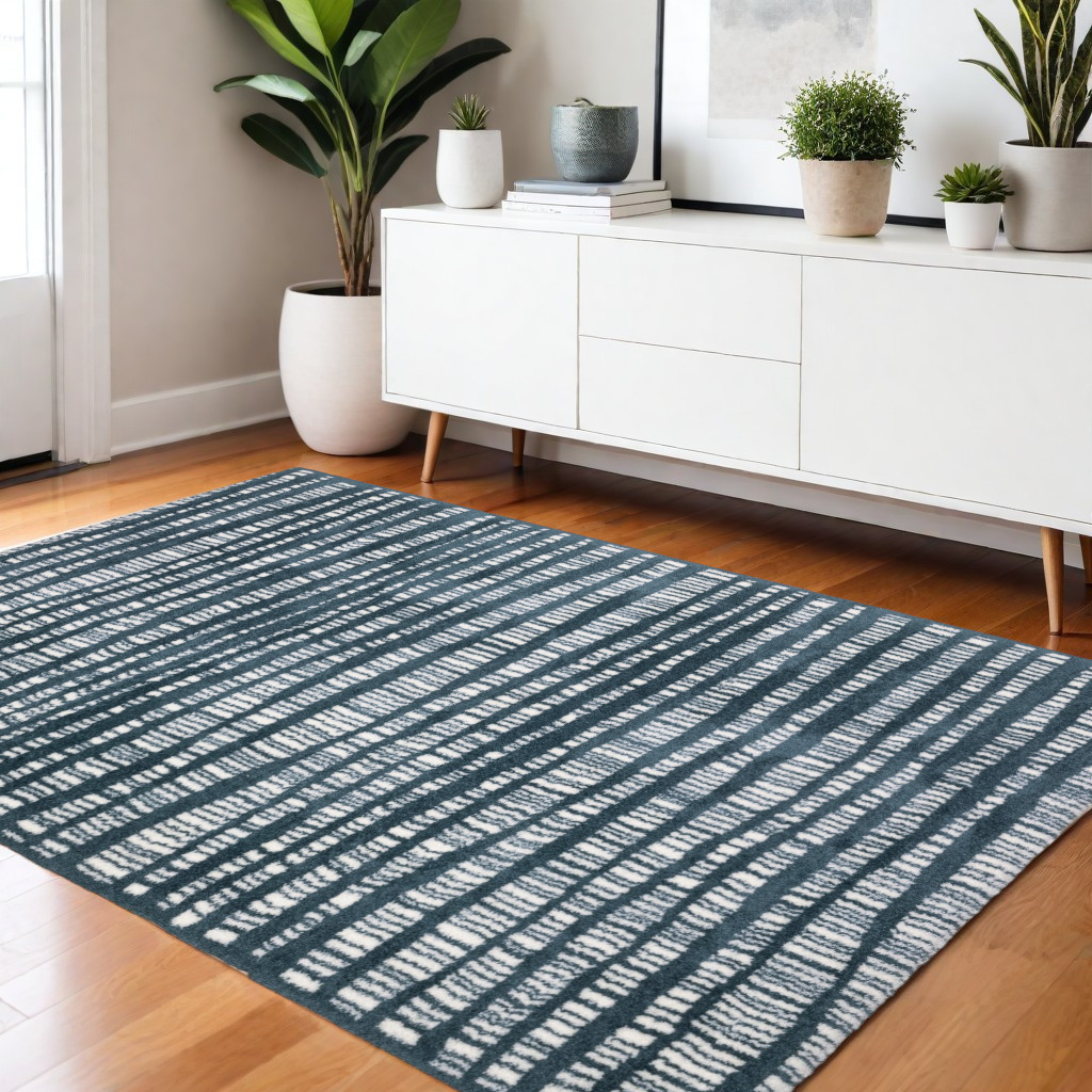 4' X 6' Teal And Ivory Striped Distressed Area Rug-575035-1