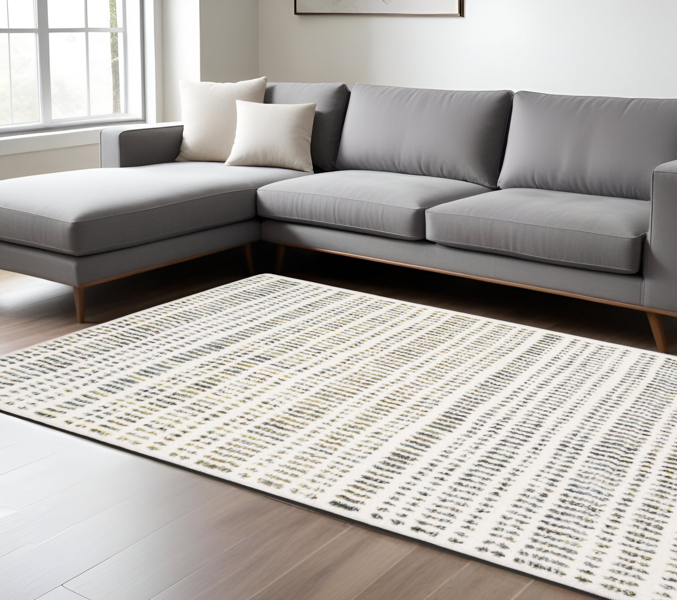 8' X 11' Ivory Gold And Gray Striped Area Rug-575042-1