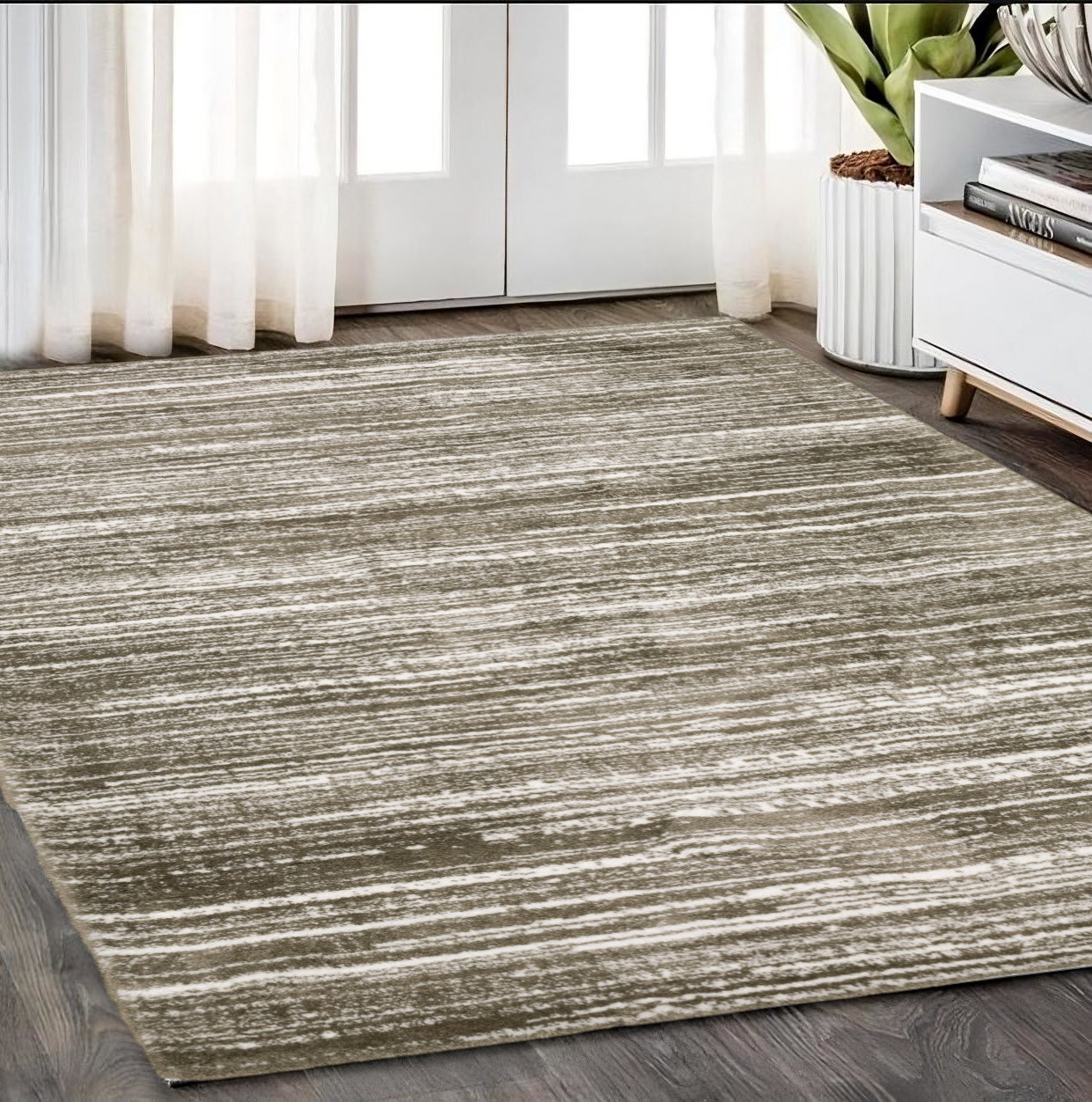 5' X 8' Brown And Ivory Striped Distressed Area Rug-575053-1
