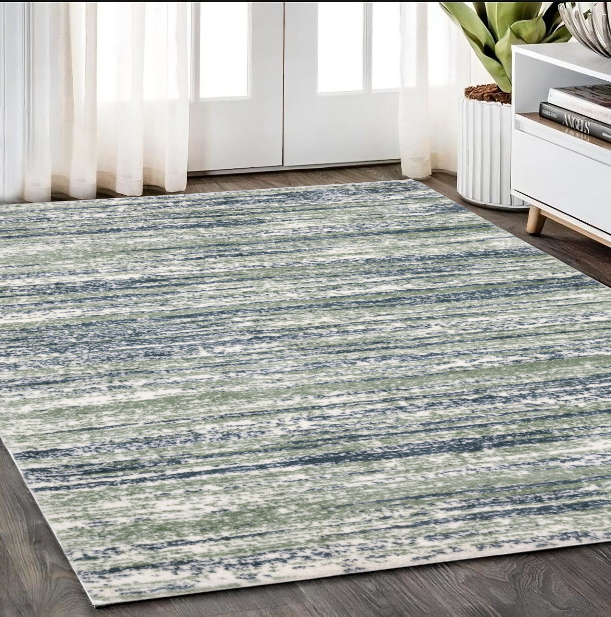 5' X 8' Blue And Green Striped Distressed Area Rug-575060-1