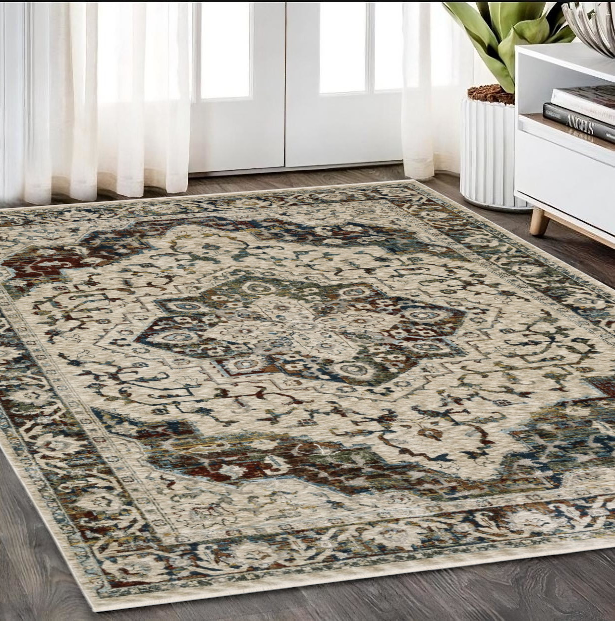 5' X 8' Ivory Brown And Red Medallion Area Rug With Fringe-575083-1