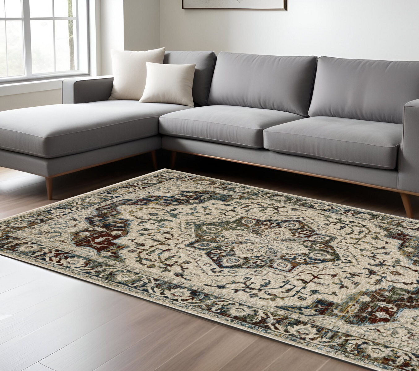 7' X 10' Ivory Brown And Red Medallion Area Rug With Fringe-575085-1