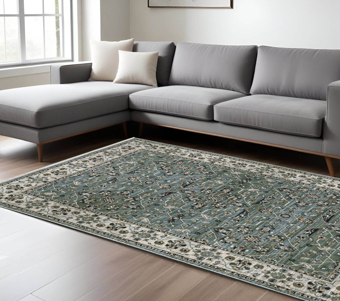 8' X 11' Blue And Green Floral Area Rug With Fringe-575110-1