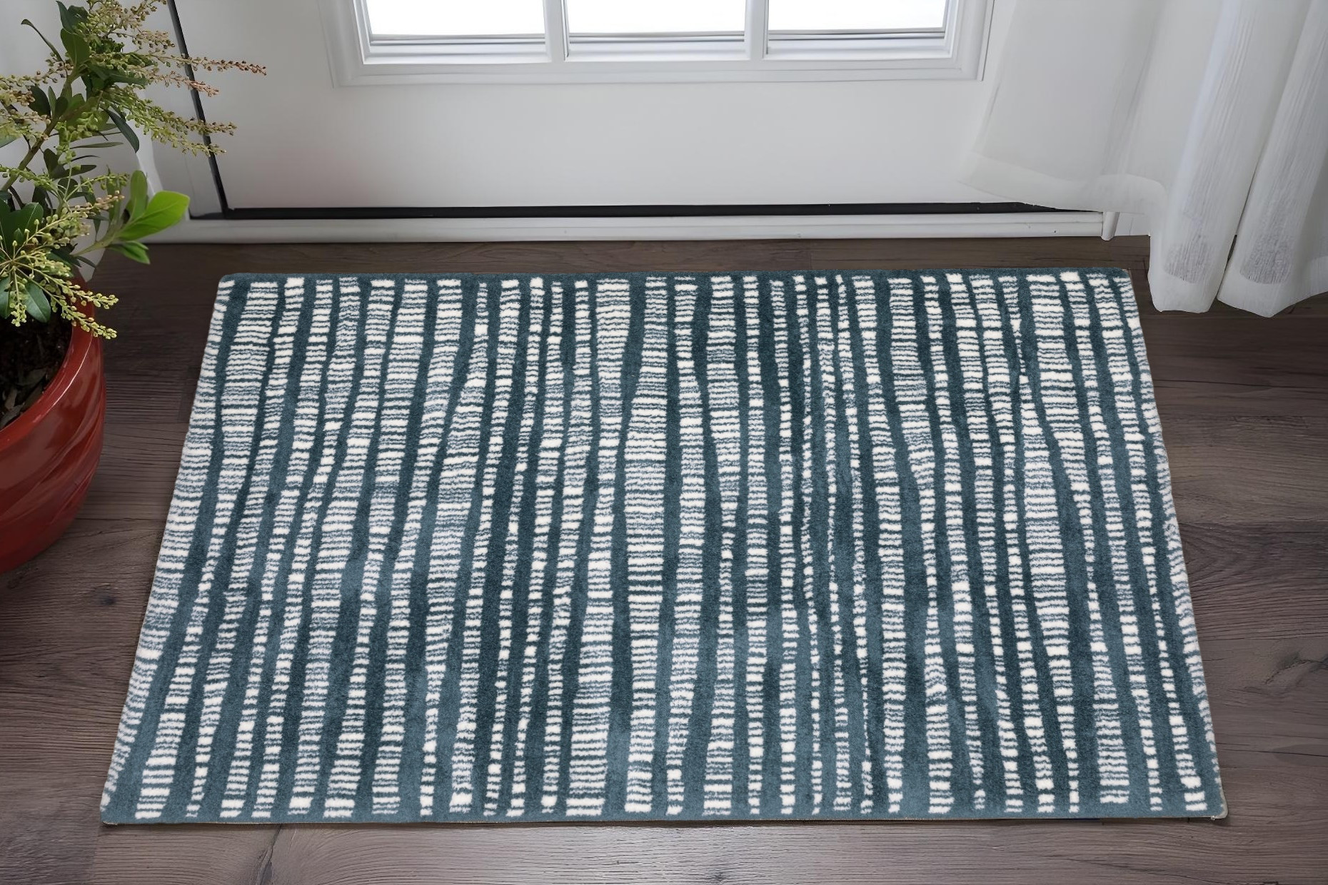 2' X 3' Teal And Ivory Striped Distressed Area Rug-575298-1