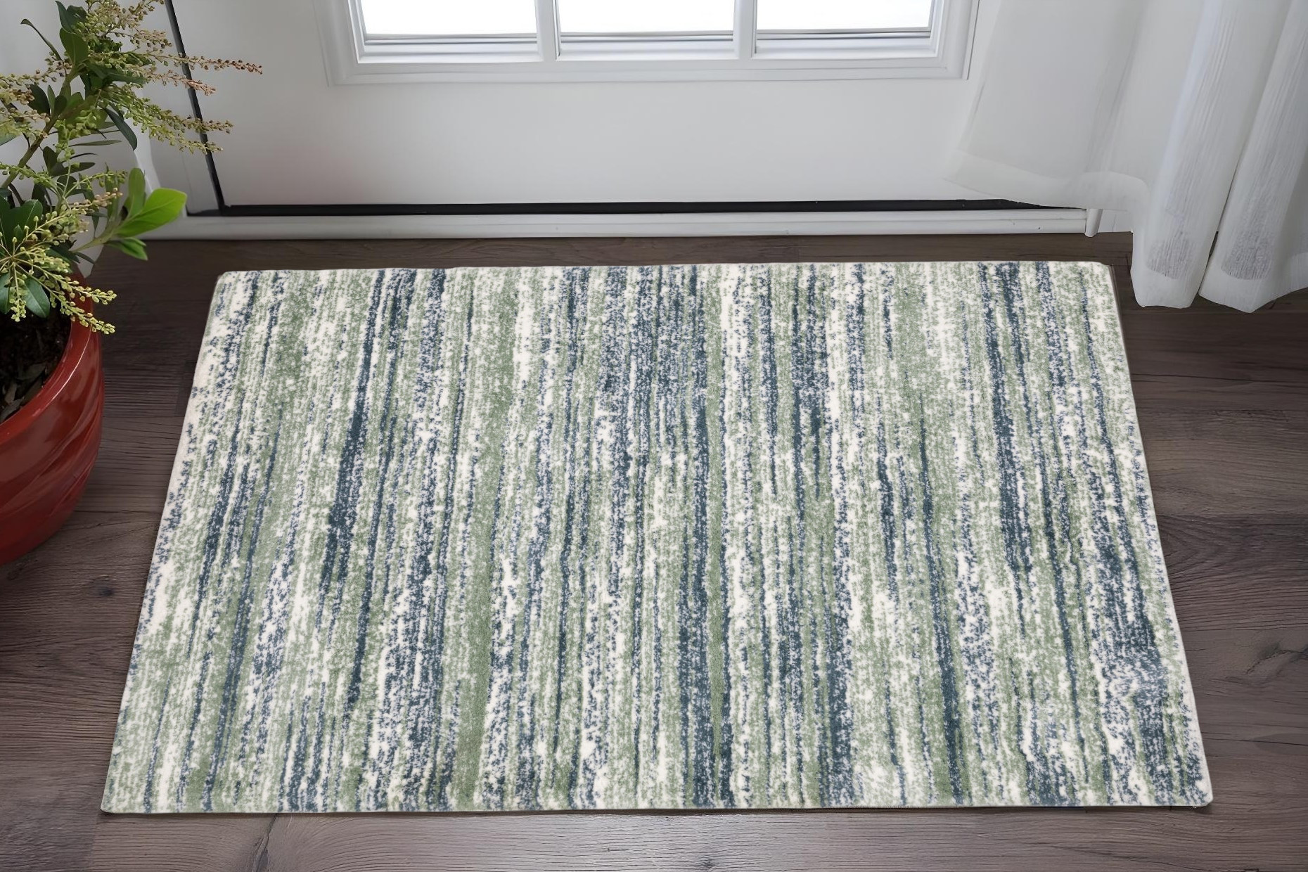 2' X 3' Blue And Green Striped Distressed Area Rug-575303-1