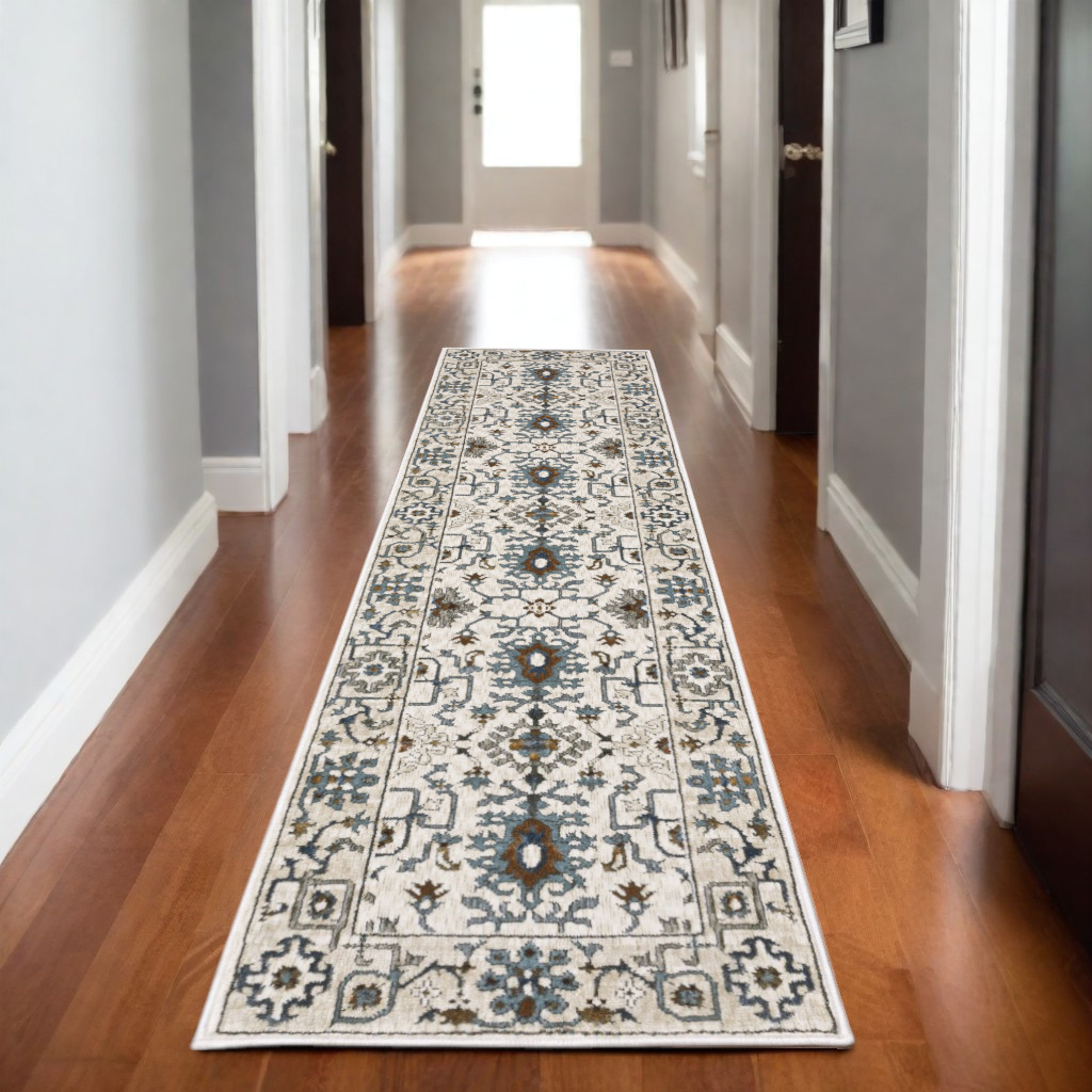 8' Ivory And Blue Oriental Runner Rug-575436-1