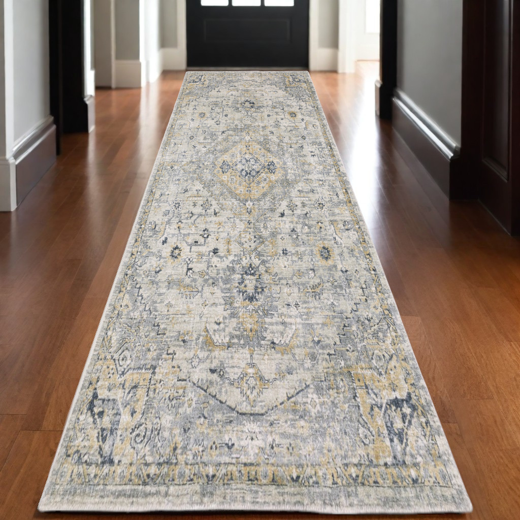 10' Gray And Gold Medallion Hand Tufted Runner Rug-575499-1