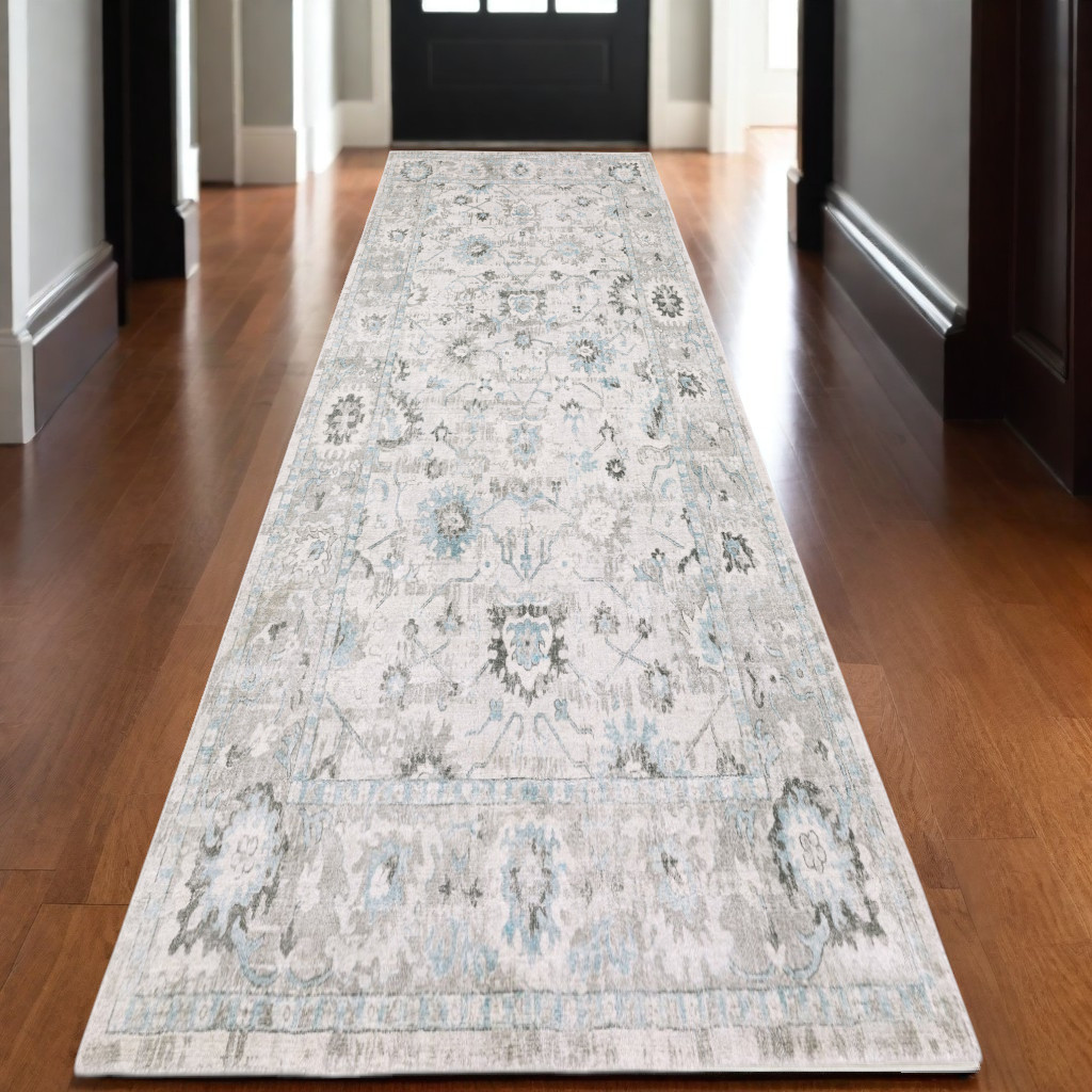 10' Ivory And Teal Oriental Hand Tufted Runner Rug-575500-1