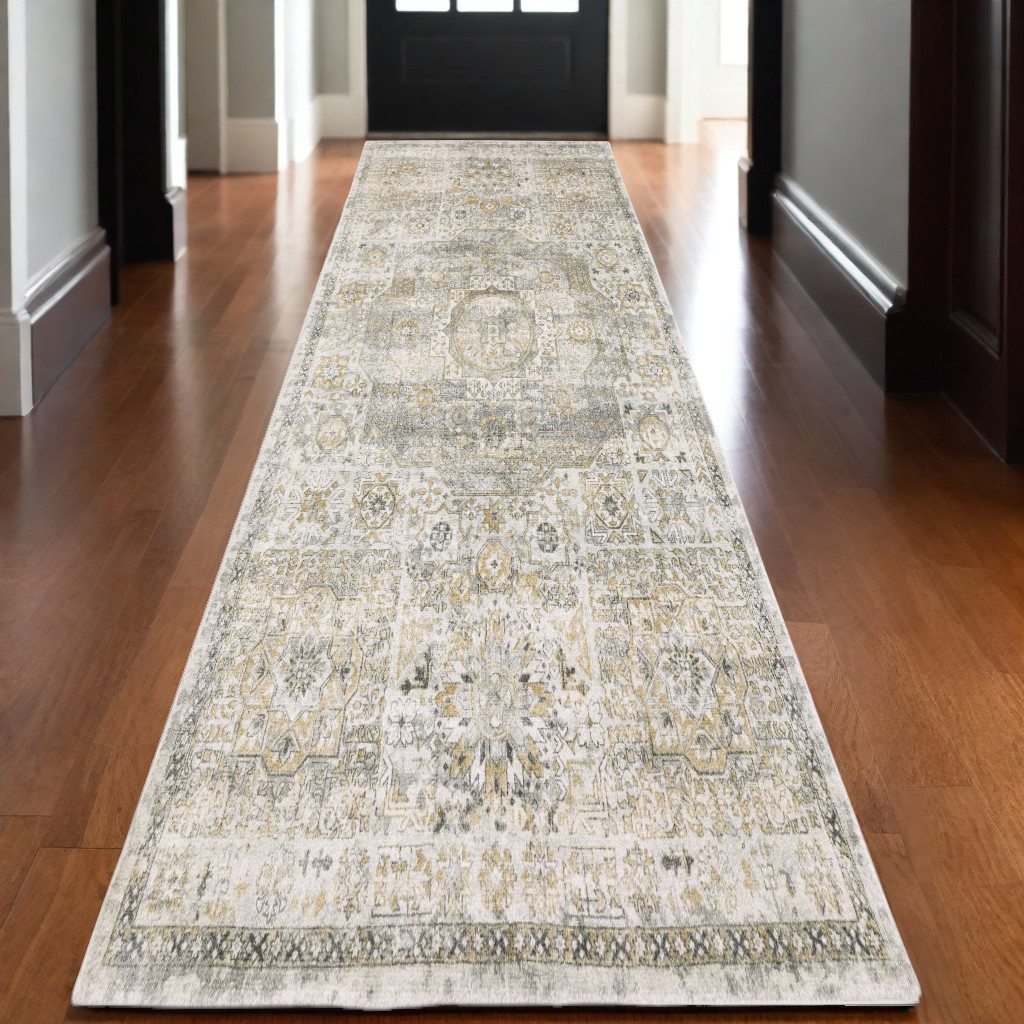 10' Gray And Gold Medallion Hand Tufted Runner Rug-575501-1