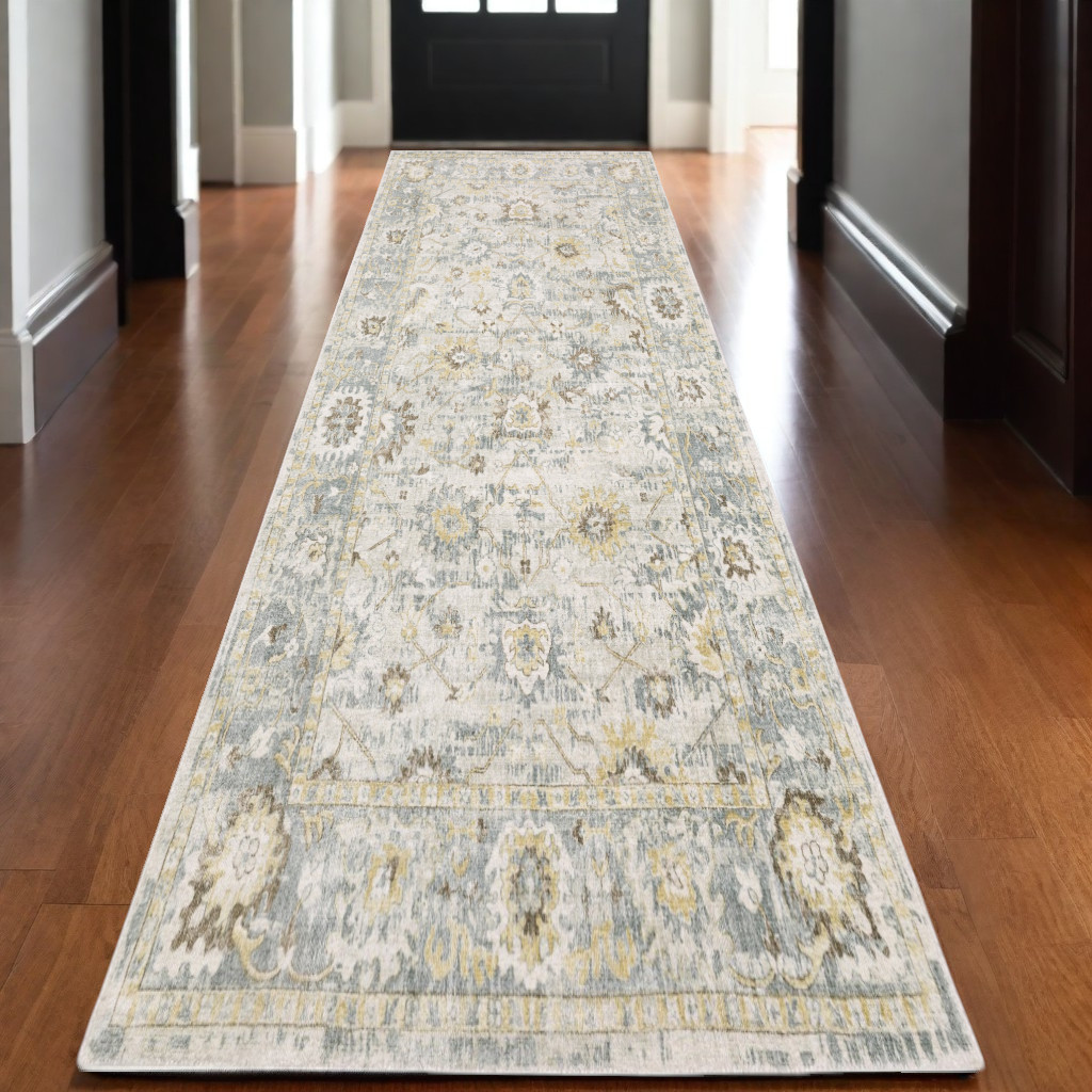 10' Ivory And Blue Oriental Hand Tufted Runner Rug-575502-1