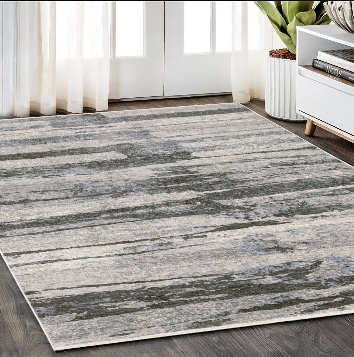 5' X 8' Gray And Ivory Abstract Area Rug With Fringe-575596-1