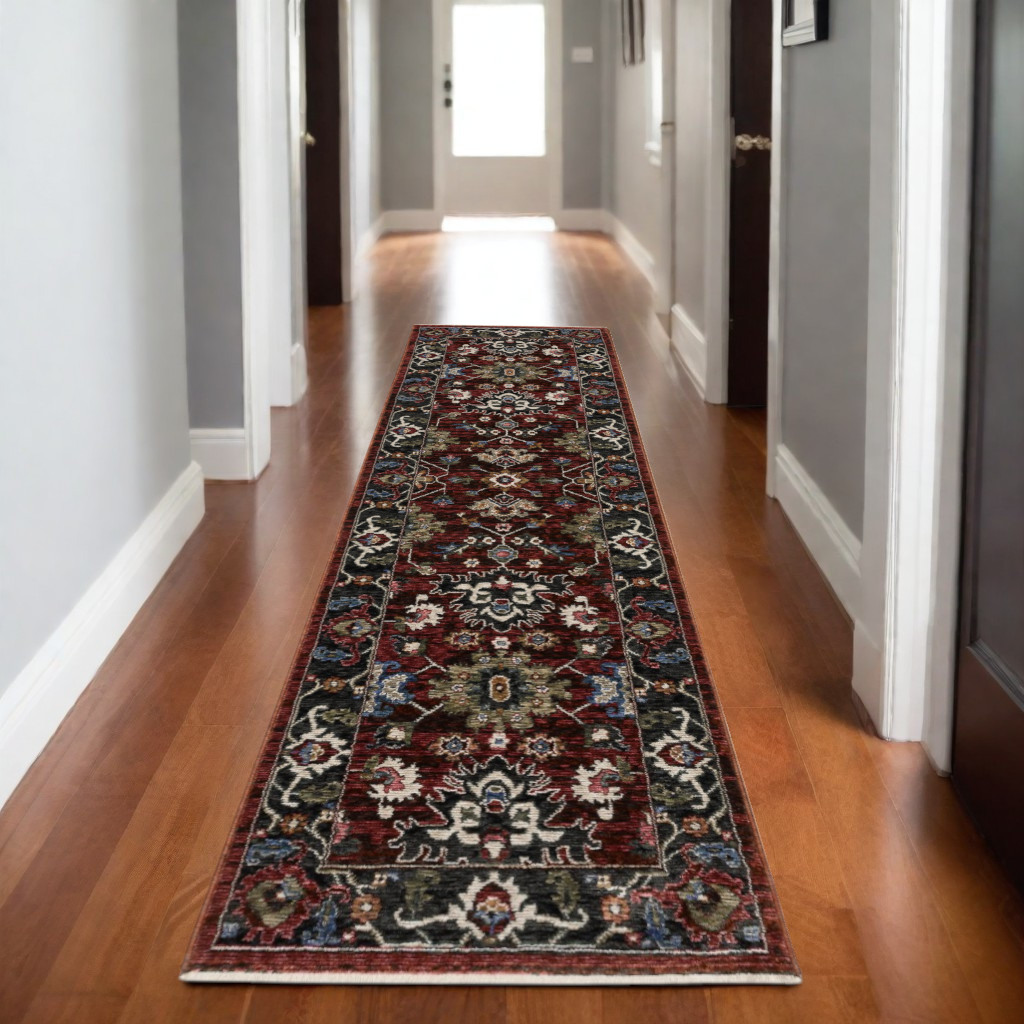 8' Red Tan And Black Oriental Runner Rug With Fringe-575633-1