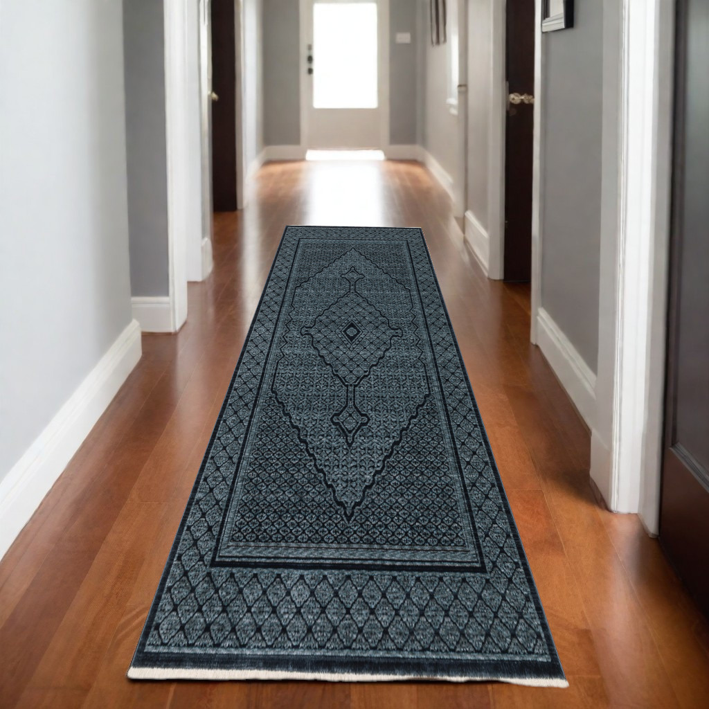 8' Blue And Teal Medallion Runner Rug With Fringe-575681-1