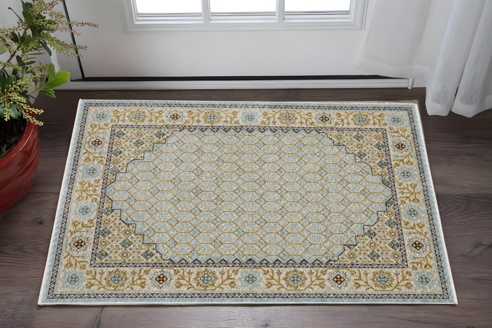 3' X 5' Blue And Gold Oriental Area Rug With Fringe-575682-1