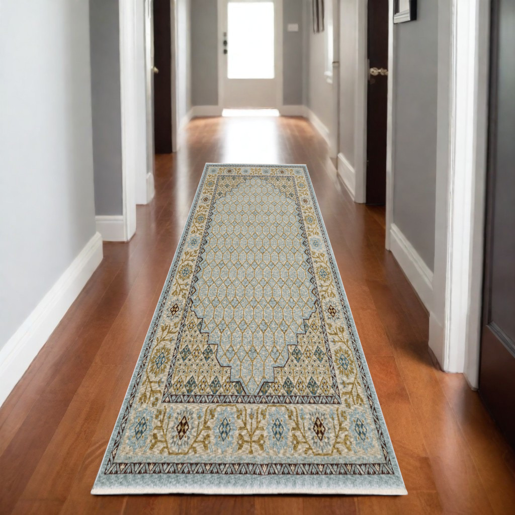 8' Blue And Gold Oriental Runner Rug With Fringe-575683-1