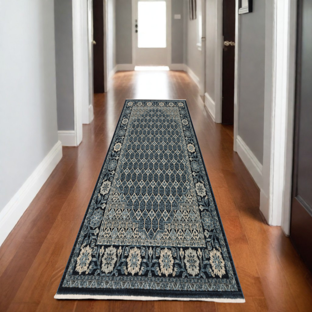 8' Ivory Oriental Runner Rug With Fringe-575685-1
