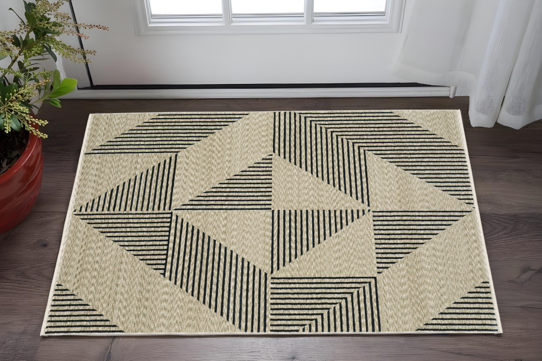3' X 5' Beige Geometric Area Rug With Fringe-575686-1