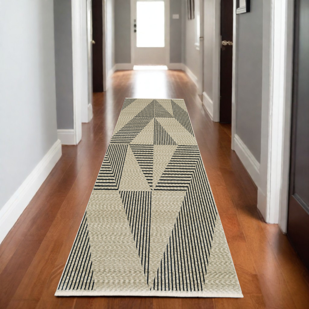 8' Beige Geometric Runner Rug With Fringe-575687-1