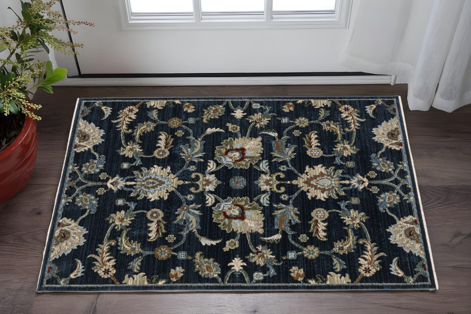 3' X 5' Navy Blue Tan And Teal Oriental Area Rug With Fringe-575688-1