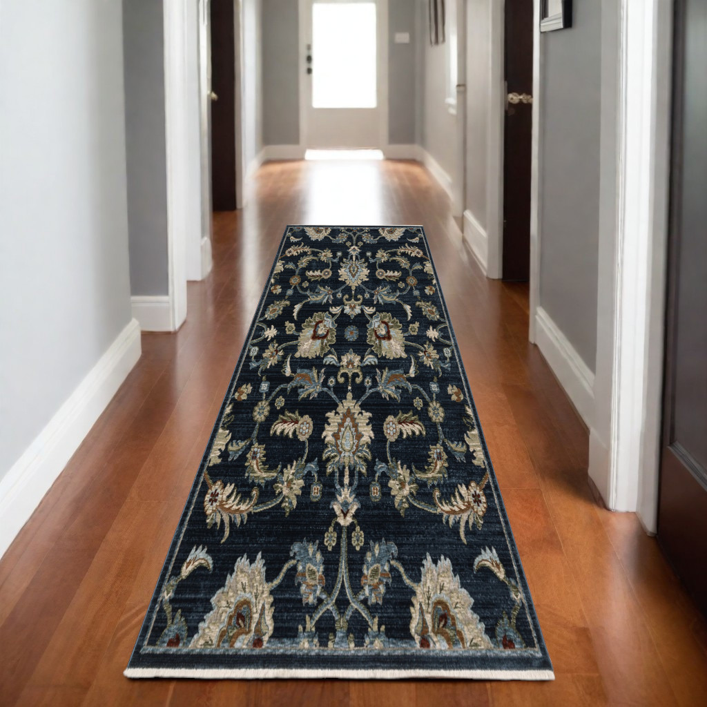 8' Navy Blue Tan And Teal Oriental Runner Rug With Fringe-575689-1