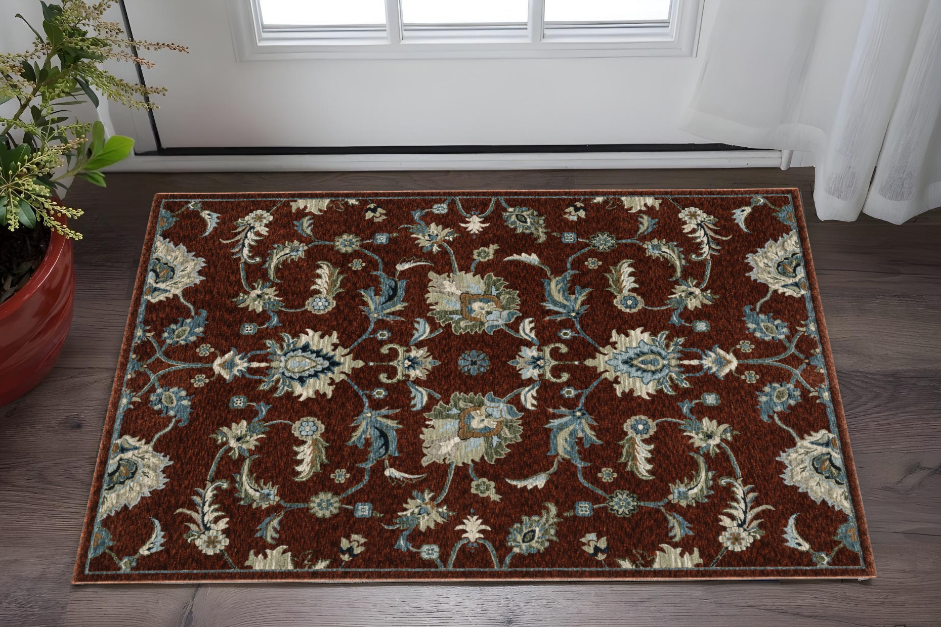 3' X 5' Red Teal And Green Oriental Area Rug With Fringe-575690-1