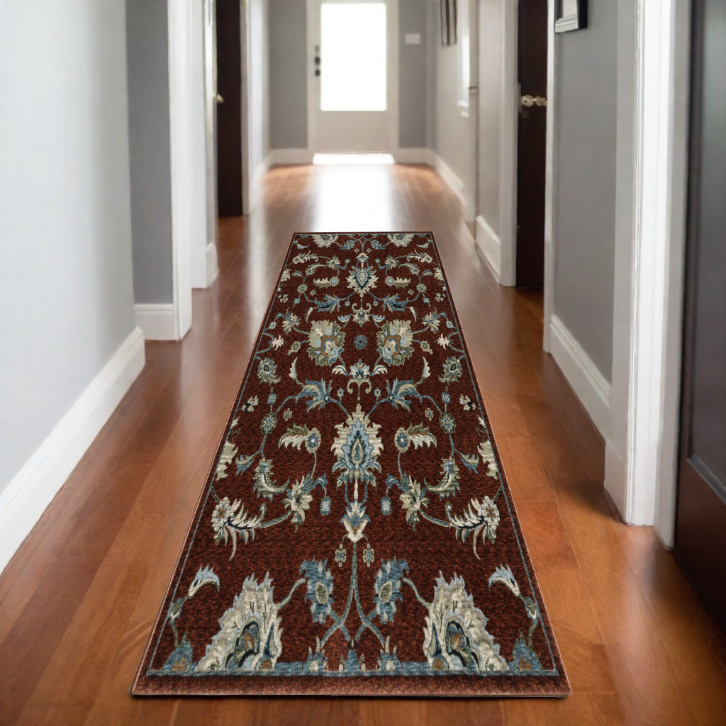 8' Red Teal And Green Oriental Runner Rug With Fringe-575691-1