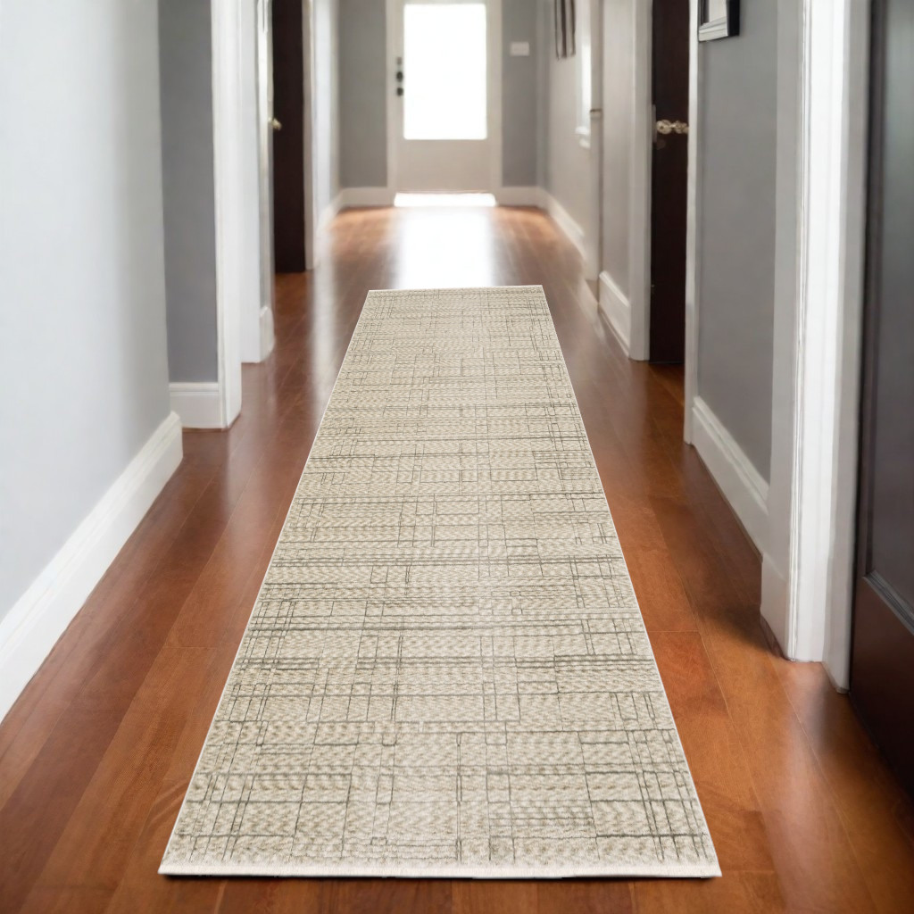 8' Beige And Brown Geometric Runner Rug With Fringe-575693-1
