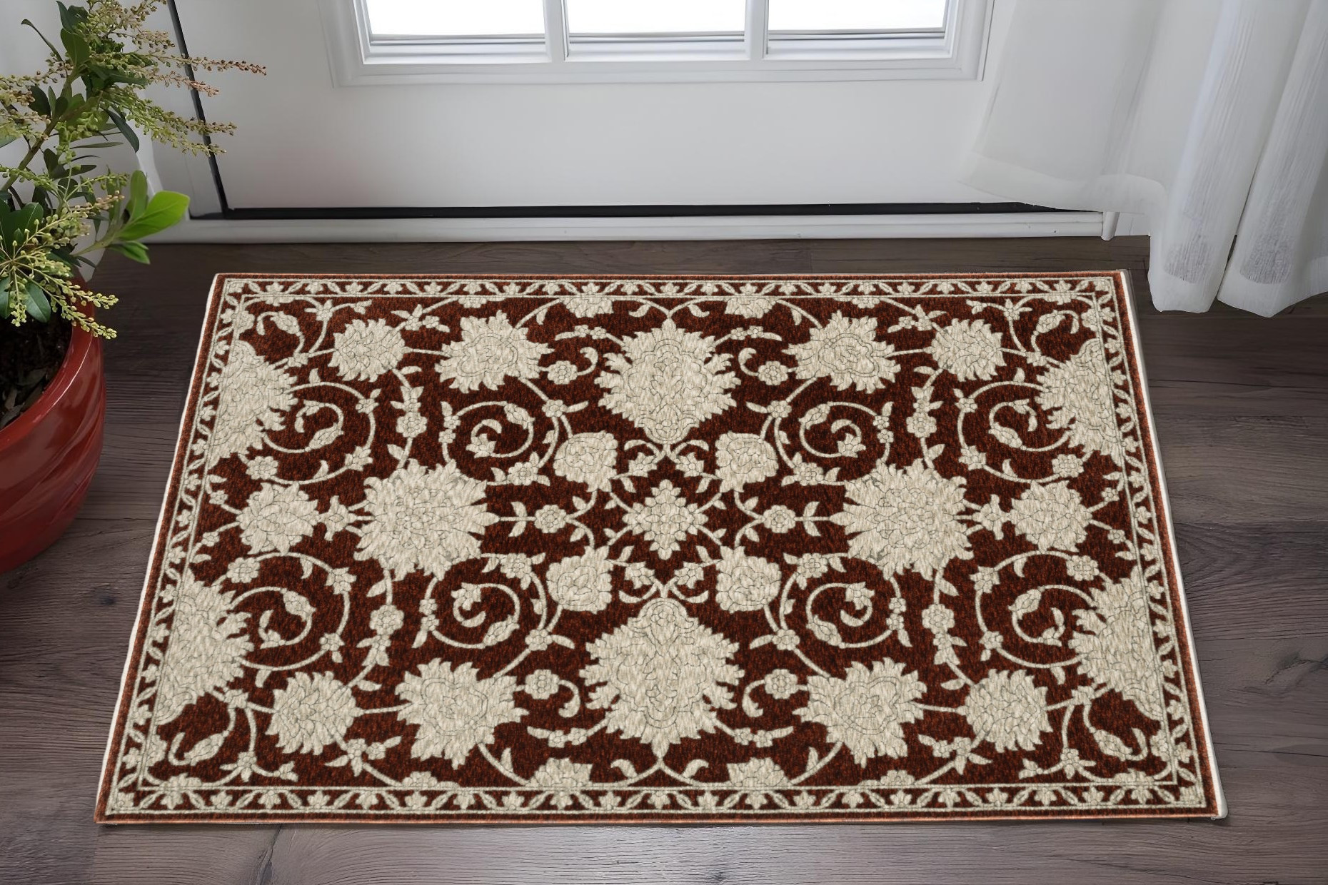 3' X 5' Red And Beige Floral Area Rug With Fringe-575694-1