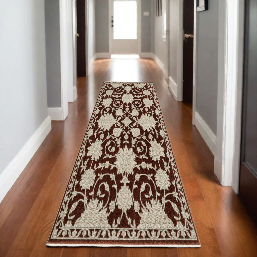 8' Red And Beige Floral Runner Rug With Fringe-575695-1