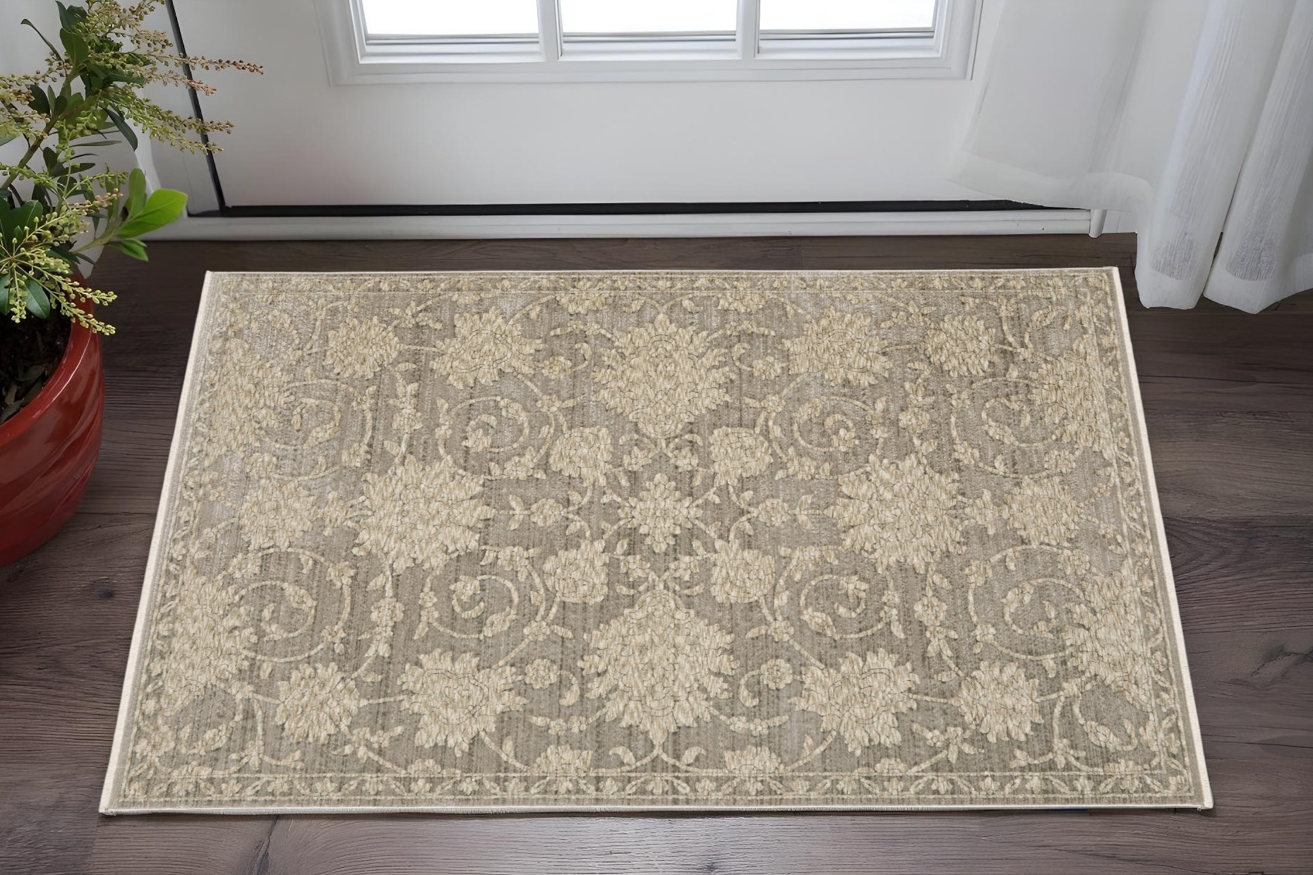 3' X 5' Gray And Beige Floral Area Rug With Fringe-575696-1